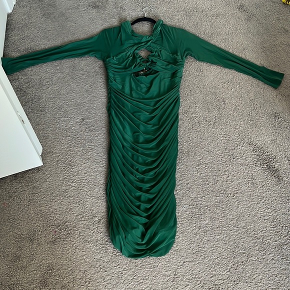 green emerald velvet dress FIELDS OF GREEN MESH MIDI DRESS  AKIRA
